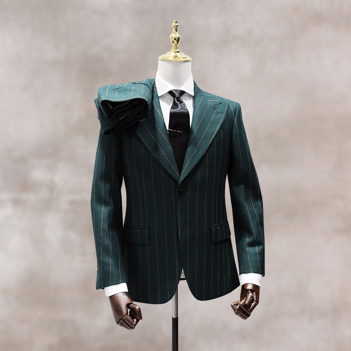 秋冬加厚墨绿色金色宽条纹戗驳领西服套装量身定做上海实体定做