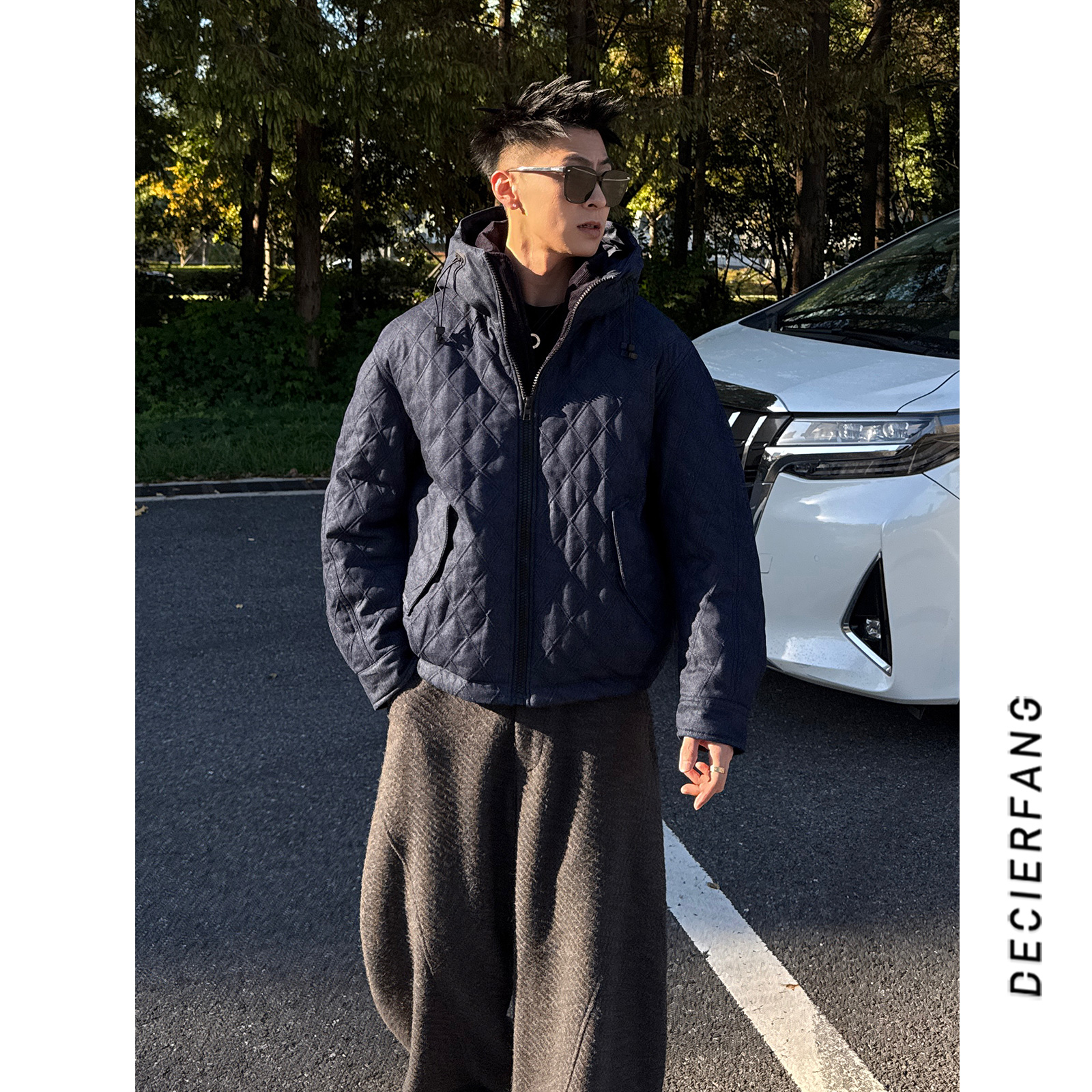 老钱系列90白鸭绒连帽男士菱形格羽绒服外套