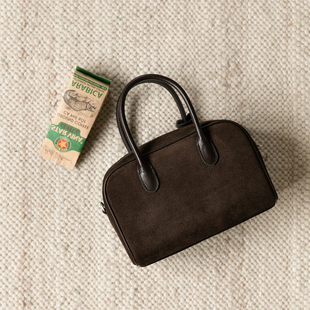 猴子家 植鞣牛皮复古保龄球包真皮女士手提小方包通勤单肩斜挎包