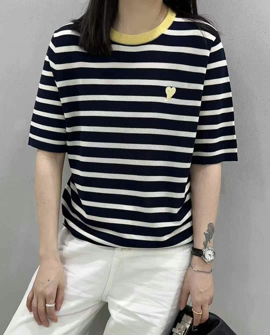 刺绣爱心拼色条纹绢丝针织衫女欧毛针织衫