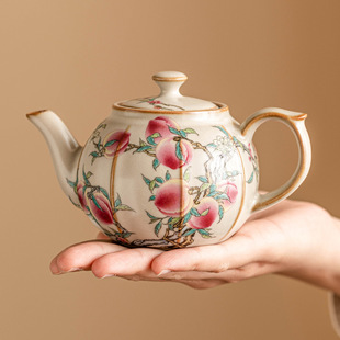 汝窑粉彩九桃茶壶泡茶家居高档陶瓷单壶中古风精致功夫茶具高品质