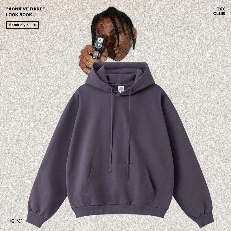 美式休闲复古纯色落肩袖连帽卫衣