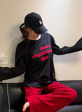 AC风格高街植绒字母LOGO慵懒风打底衫男女宽松休闲情侣长袖T恤潮