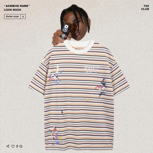 高街潮牌嘻哈宽松复古泼墨条纹男女休闲短袖 T恤 Dept美式 Gallery