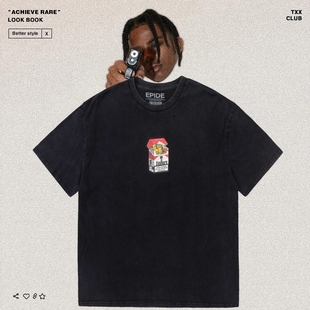 EPIDE洗水做旧万宝路辛普森烟盒印花Vintage高街男女宽松短袖 T恤