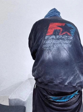 FAR.ARCHIVE重工盔甲水洗做旧赛车F星字母男女宽松垫肩双层卫衣潮