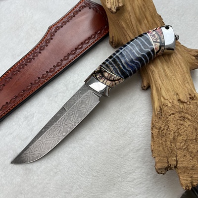 大马士革钢锻造拼接马赛克蜘蛛纹 铜钱纹 高端收藏把玩水果刀