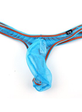 新款TM内裤男士丁字裤透气网纱高弹力性感拼色大囊袋透明比基尼T