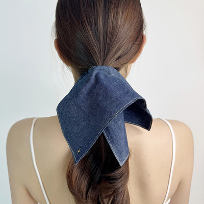 韩系高级感牛仔蓝方巾发圈