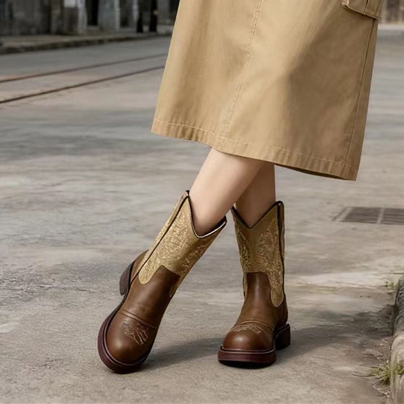 英伦风复古欧美刺绣西部牛仔靴女复古夏季骑士靴短靴民族风马丁靴