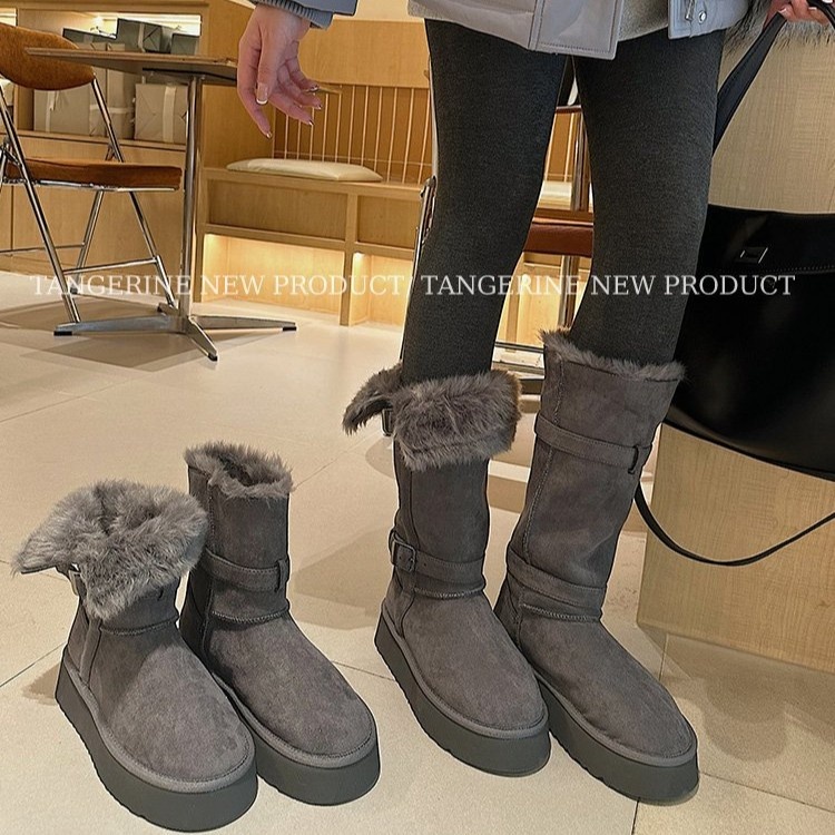 灰色长筒雪地靴女2024冬新款两穿不过膝厚底增高加绒加厚短筒棉鞋