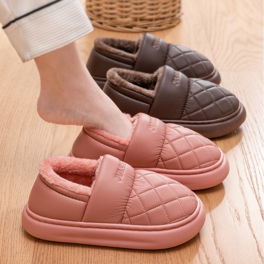 秋冬上新35-44防水棉拖鞋居保暖包跟厚底防滑皮面棉鞋男外穿