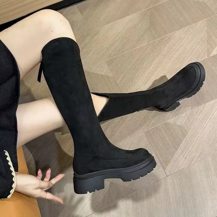 长筒靴秋冬加大筒围胖mm弹力靴子粗腿显瘦v口厚底高筒靴