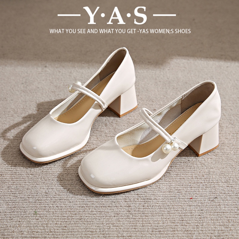 法式珍鞋女白色春季新款时尚高跟鞋不累脚粗跟复古气质女单鞋