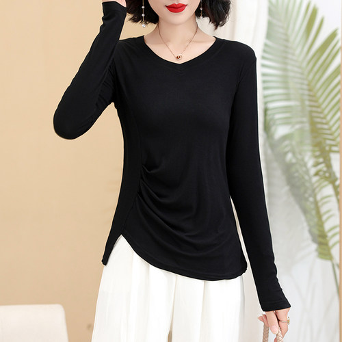 秋季莫代尔新款长袖打底衫V领T恤