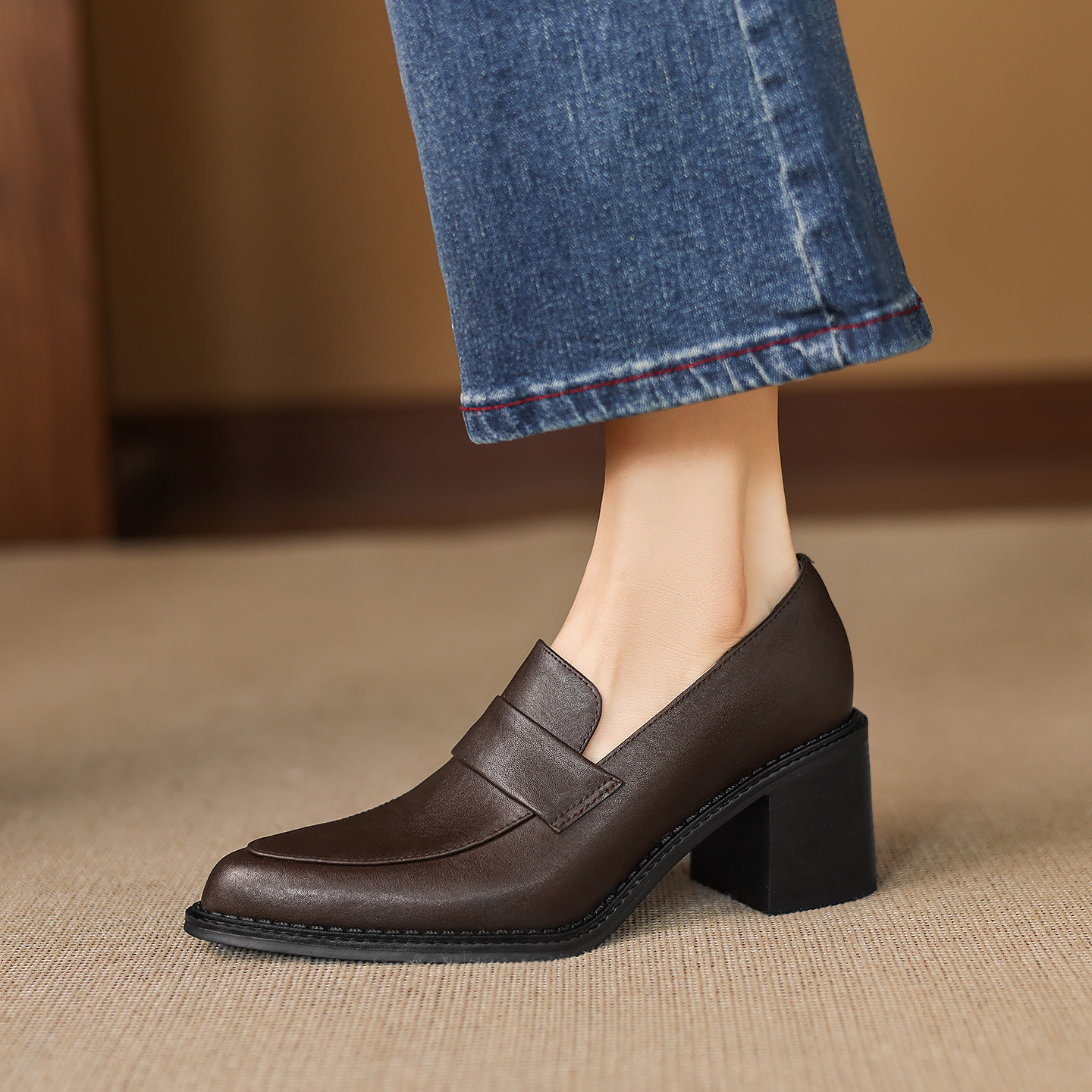 复古真皮尖头深口单鞋女柔软6cm牛皮粗跟乐福鞋一脚蹬职业工作鞋,女鞋,乐福鞋（豆豆鞋）,淘宝优惠券,粉丝福利购,淘宝优惠卷