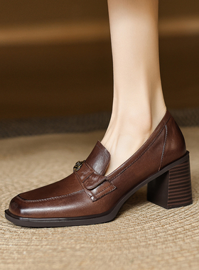 复古风方头深口乐福鞋粗跟6cm高跟鞋山茶花职业OL工作女鞋黑色春