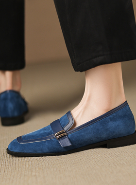 优雅低跟平底一脚蹬乐福鞋深口蓝色真皮羊皮豆豆鞋柔软懒人单鞋女
