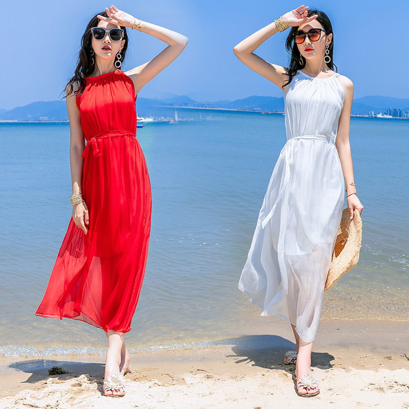 桑蚕丝纯色真丝波西米亚度假旅游显瘦长裙女 连衣裙仙女裙
