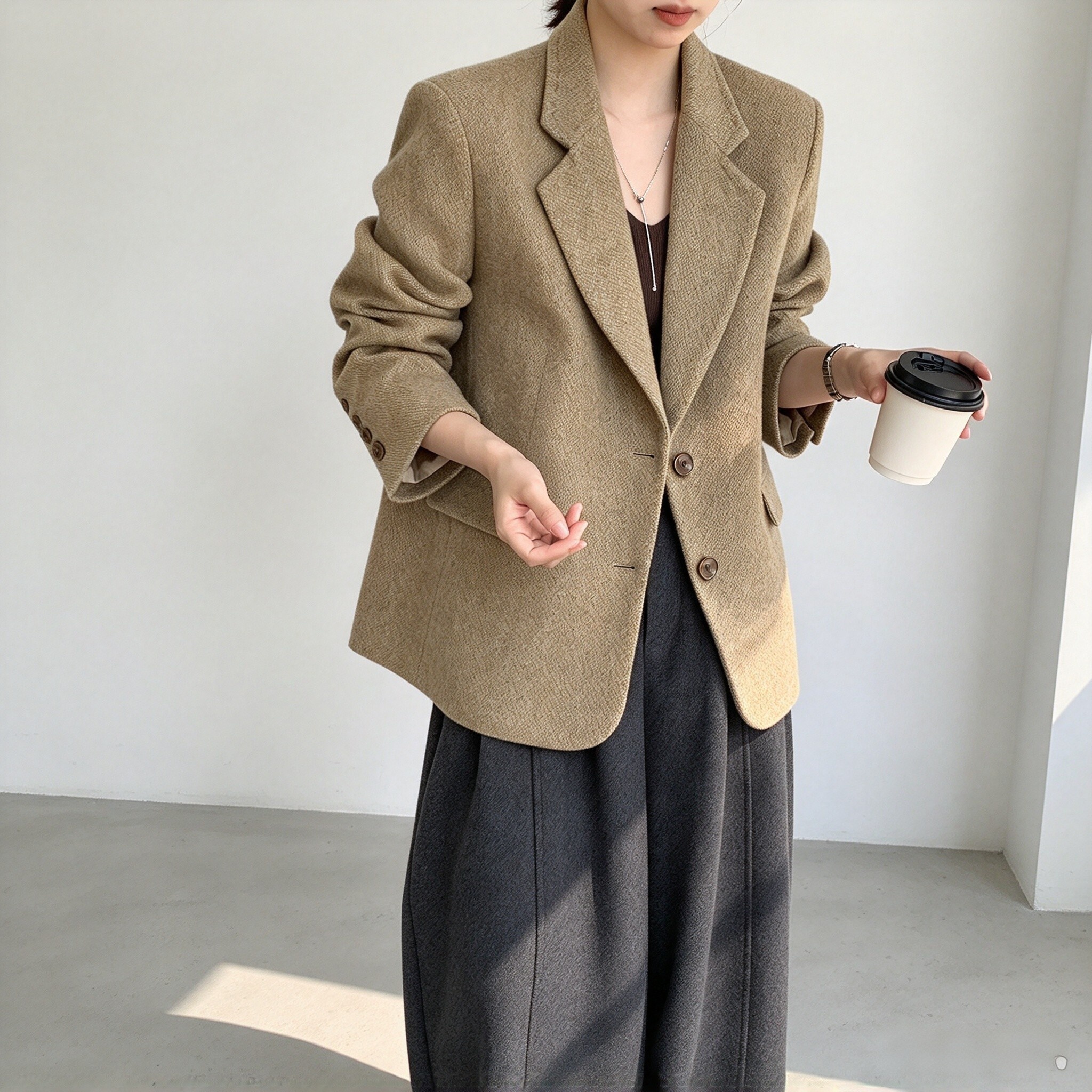 韩系羊毛呢手工复古西装外套女