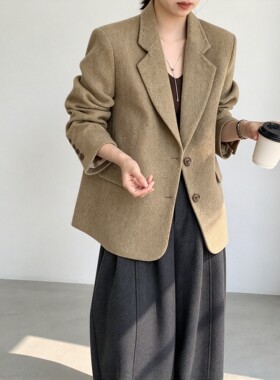 韩系羊毛呢手工复古西装外套女