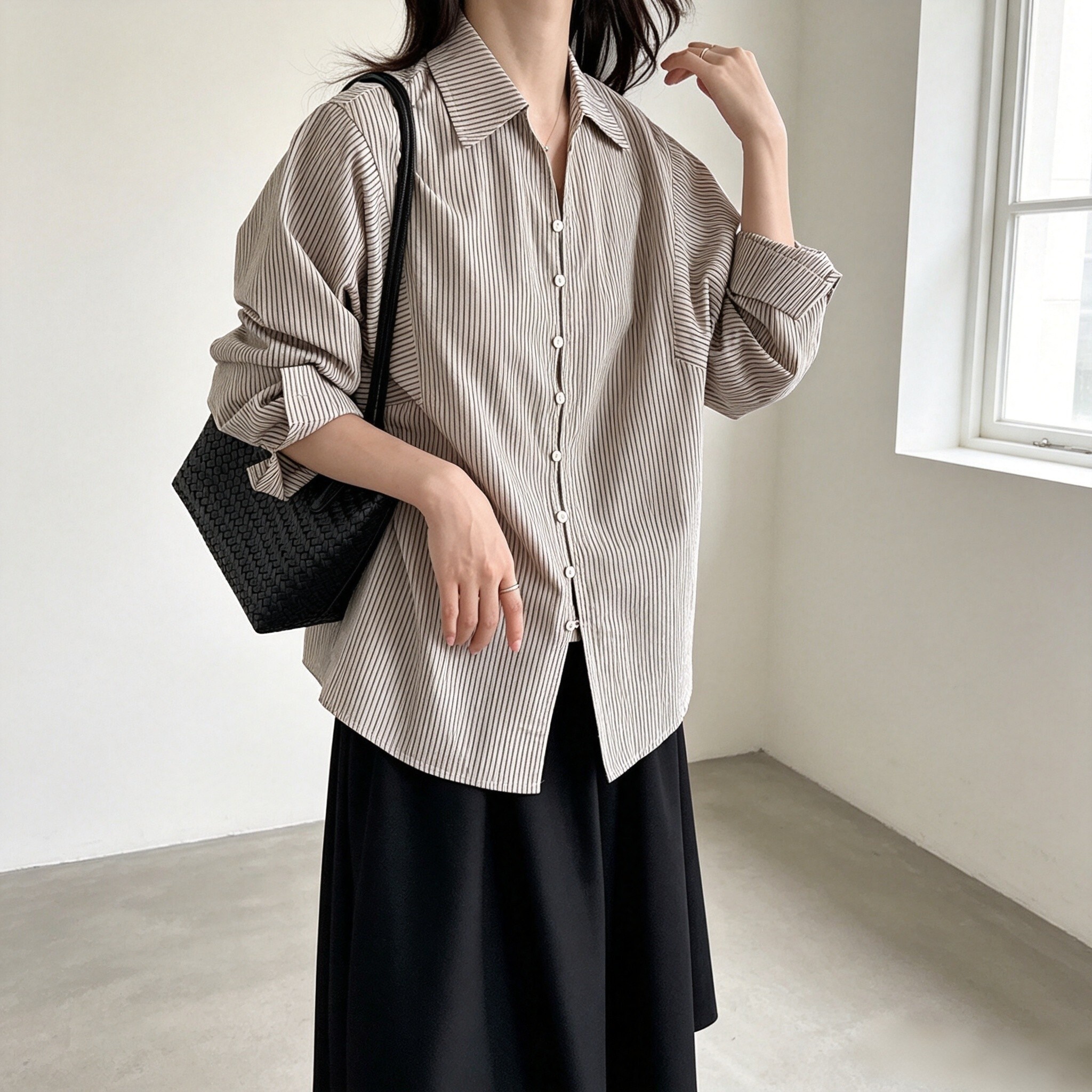韩系秋季复古条纹贝壳扣衬衫女