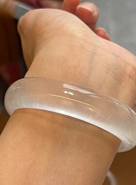 天然金丝玉高冰白色玉手镯石英岩玉冰种白月光手环水沫冰透圆条女