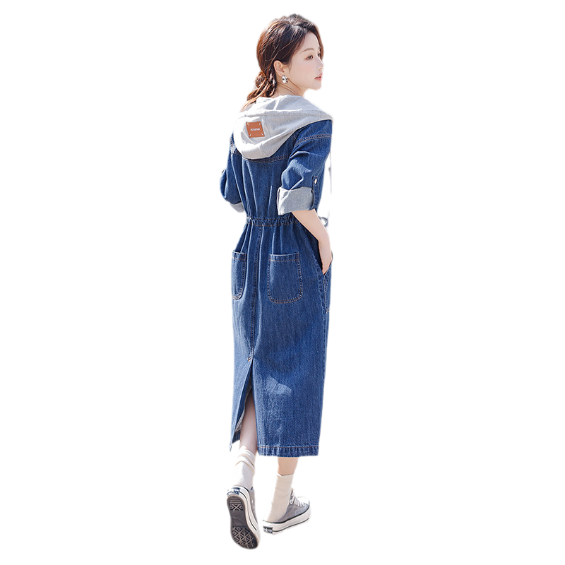 韩版休闲牛仔连衣裙女中长款2025春装新款连帽时尚收腰牛仔裙显瘦