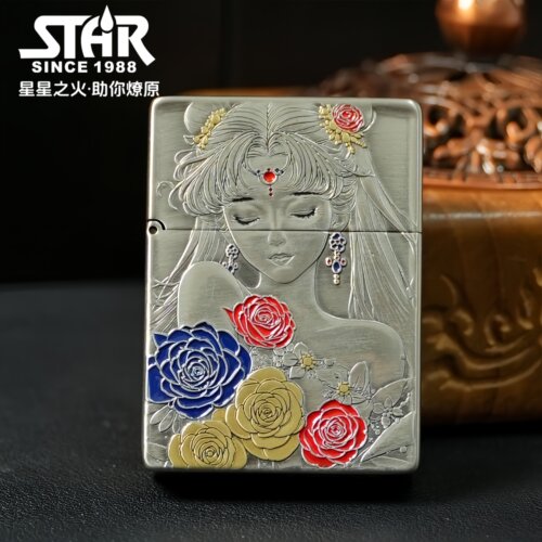 STAR恒星ST9熏银鎏金花神蝴蝶女神浮雕煤油打火机鎏金煤油机