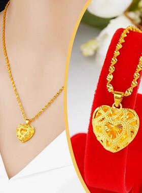 越南沙金爱心项链女镀金色镂空心形吊坠仿真金时尚百搭锁骨链项坠
