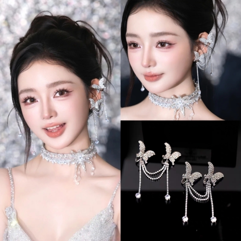 新款高级感水钻蝴蝶流苏耳骨夹新娘婚纱跟妆耳饰超美满钻耳夹耳饰