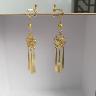 中式金色婚礼中国风耳环无耳洞耳夹汉服敬酒服喜庆新娘耳坠耳环