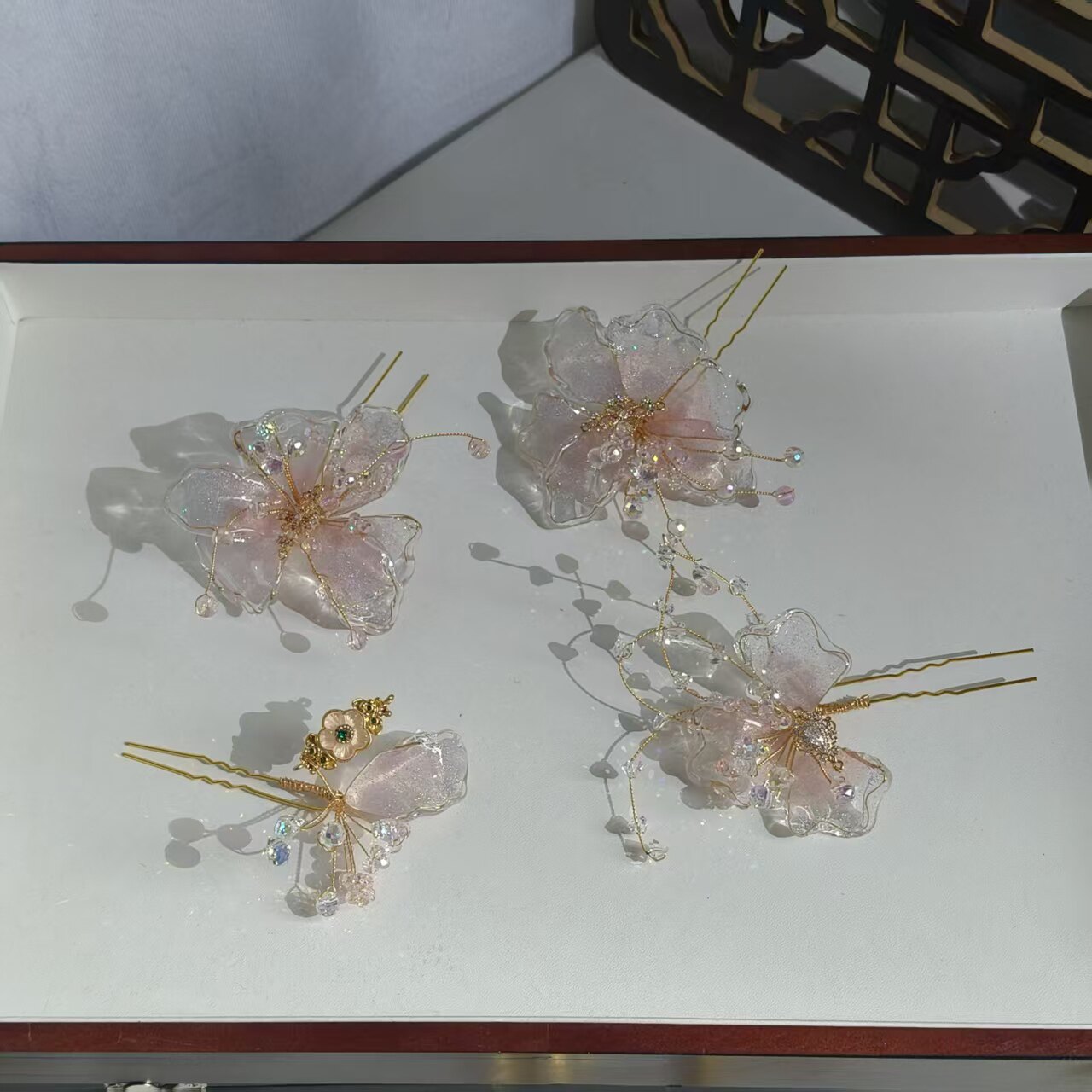 新中式新娘头饰套装仿真花发簪橙色系气质新娘晨袍敬酒服旗袍发饰