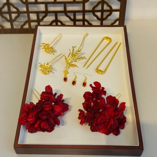 新中式新娘敬酒服头饰红色仿真花朵发簪晨袍旗袍订婚头花发饰配饰