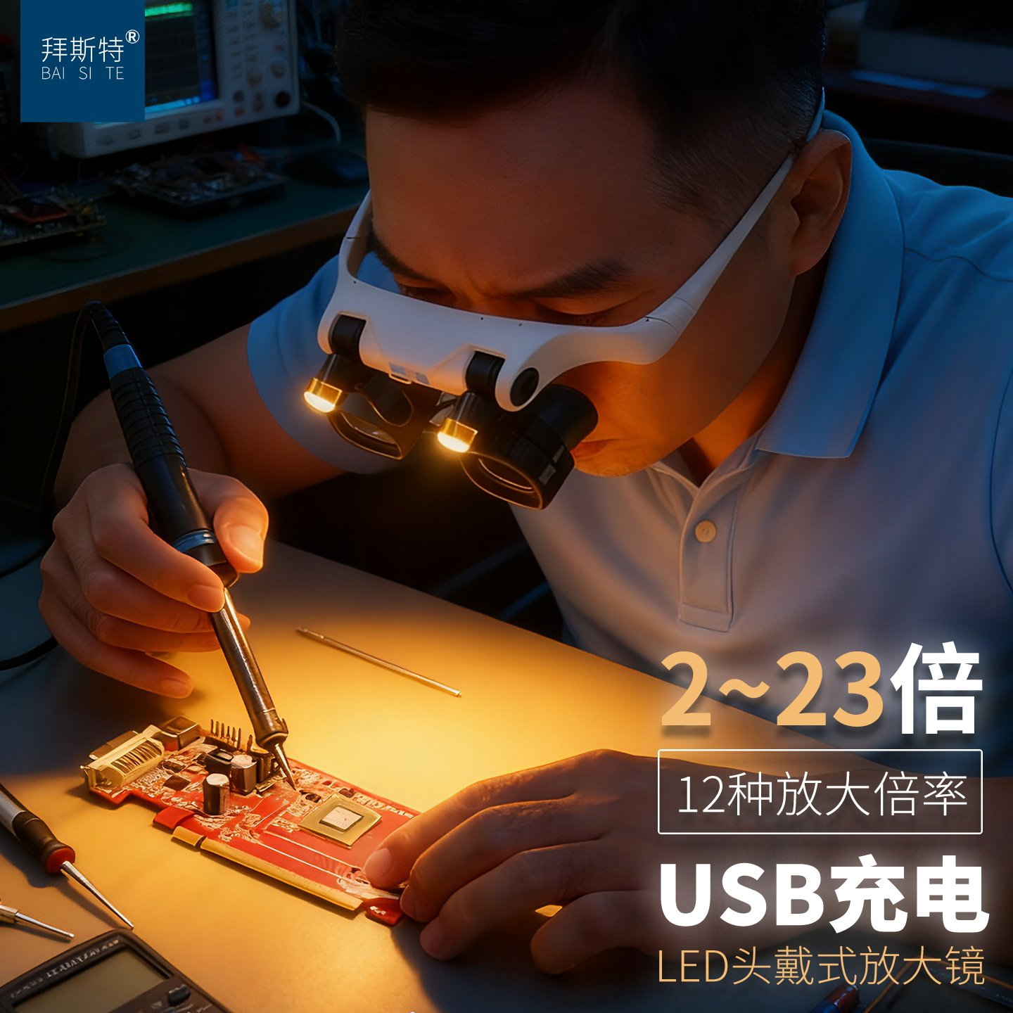 头戴式电子路板维修手表专用放大镜高清带灯10倍眼镜式型充电15倍