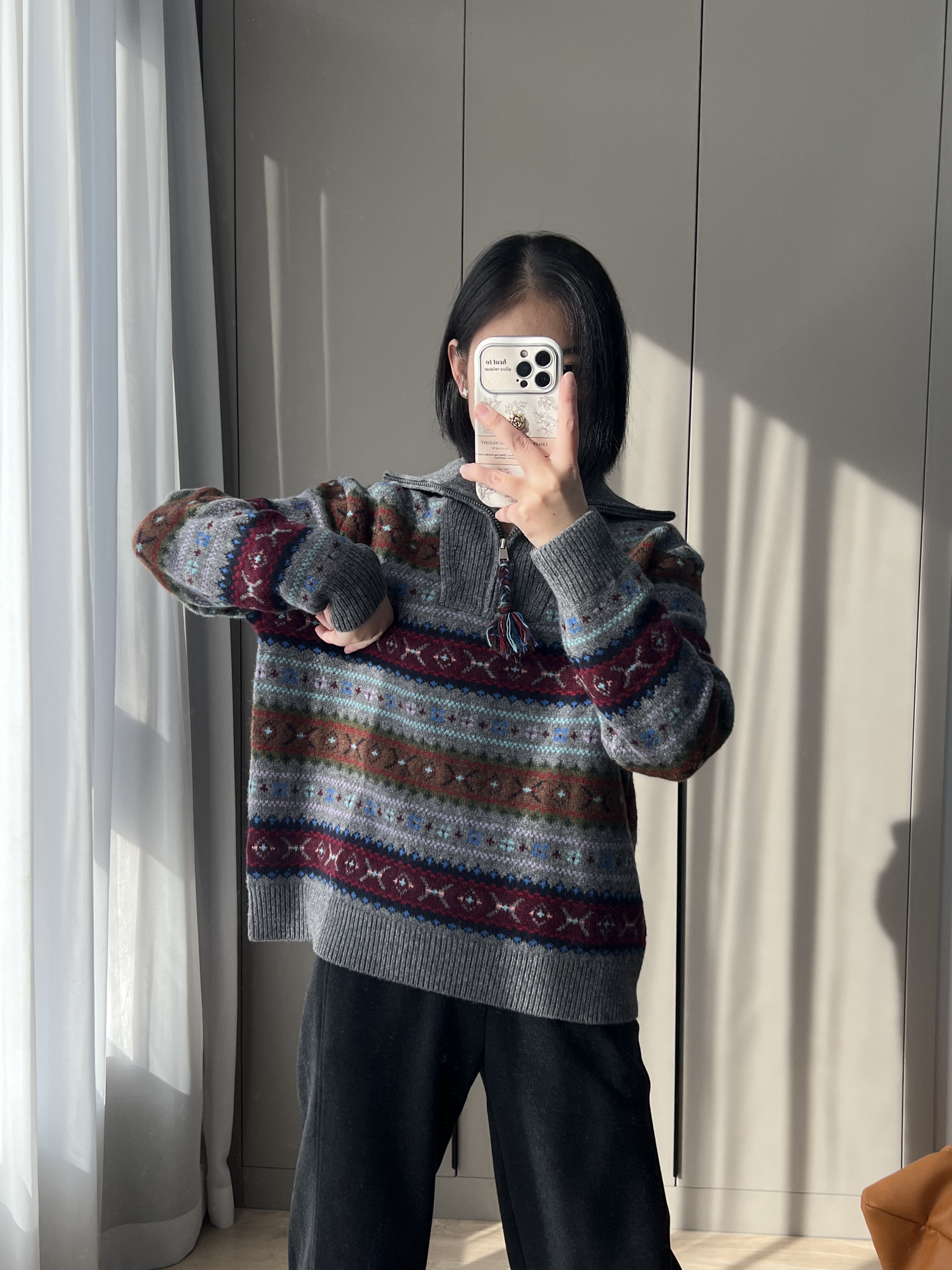 新款 12色重工纱线费尔岛条纹半高领拉链复古套头女士