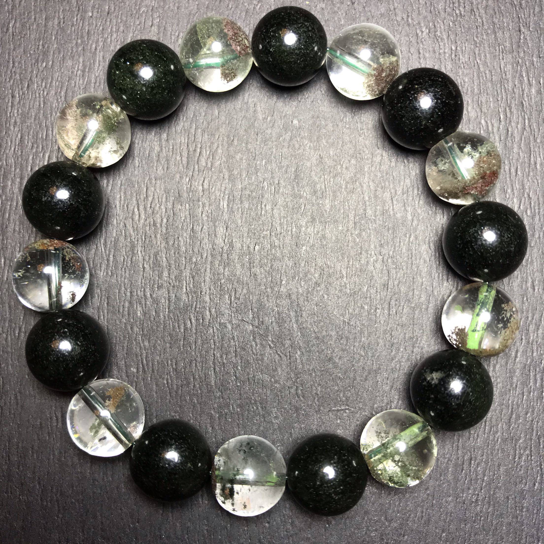 新品天然满发绿发晶单圈水晶手链搭天然绿幽灵千层聚宝盆圆珠手串