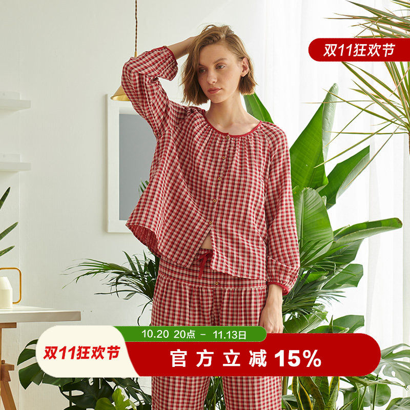 朵朵可可睡衣女2026春秋季新款超柔软纯棉纱红格子长袖家居服