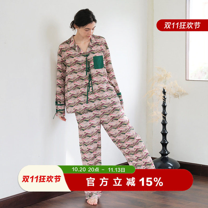 朵朵可可睡衣女春秋季新款竹节棉复古印花长袖长裤家居服套装