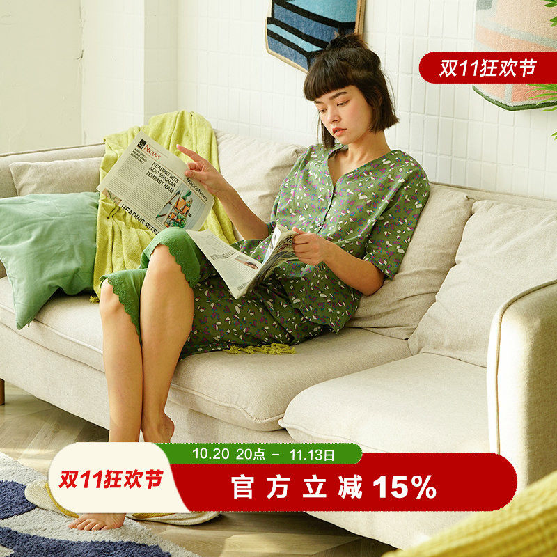 朵朵可可女睡衣2026春夏季新款超薄纯棉绿色印花显瘦家居服套装