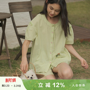 家居服 短裤 朵朵可可睡衣女春夏新款 提花棉圆领前扣卡通短袖