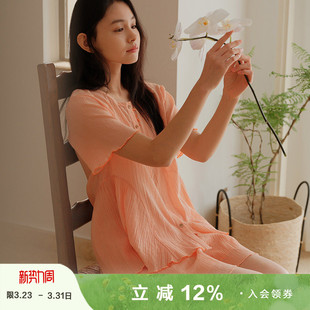 朵朵可可睡衣女春夏纯棉圆领前扣甜美减龄花边短袖 家居服 短裤