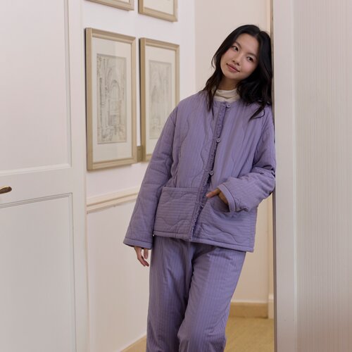 朵朵可可睡衣女2026秋冬新款梭织竖条提花加厚保暖夹棉家居服套装