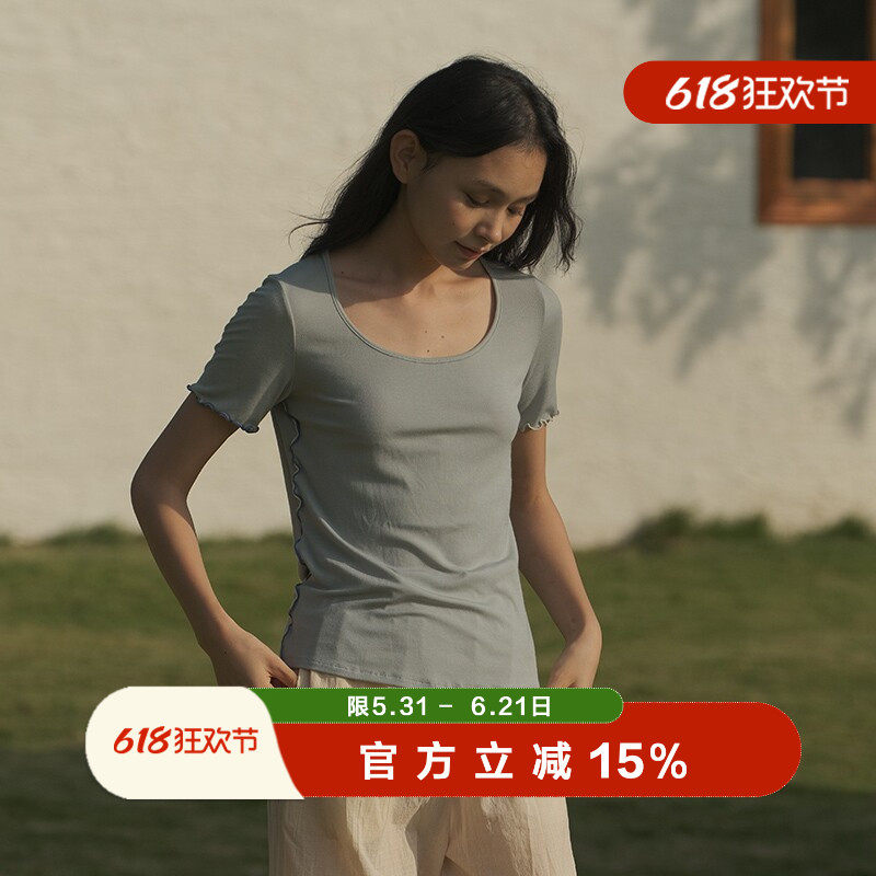 朵朵可可睡衣女春夏新款针织罗纹圆领花边柔软短袖上衣家居服