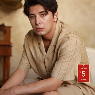 朵朵可可睡衣2026春夏新款男士亚麻棉麻提花短袖短裤家居服套装