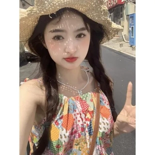 花边减龄三亚碎花拼接多巴胺连衣裙宽松女海边度假沙滩裙吊带夏季