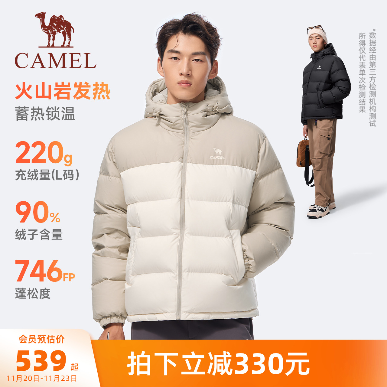 骆驼泡芙羽绒服男冬季新款90鸭绒情侣三防加厚连帽面包羽绒外套女