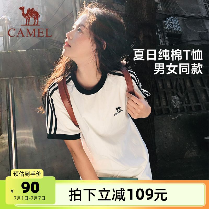 骆驼纯棉T神夏日短袖T恤女2025夏新款情侣宽松复古运动休闲上衣