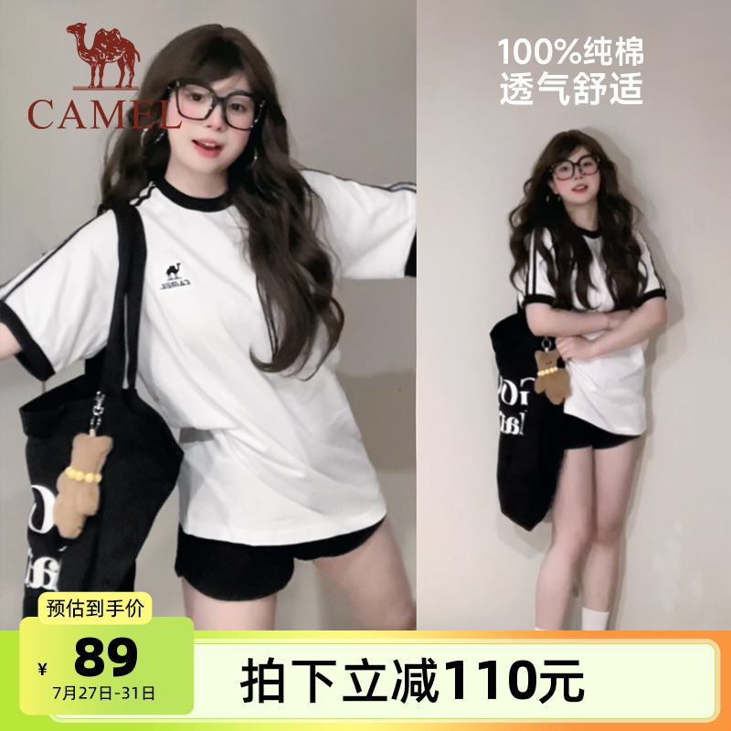 骆驼纯棉T恤女休闲短袖2025夏新款情侣宽松复古运动上衣男
