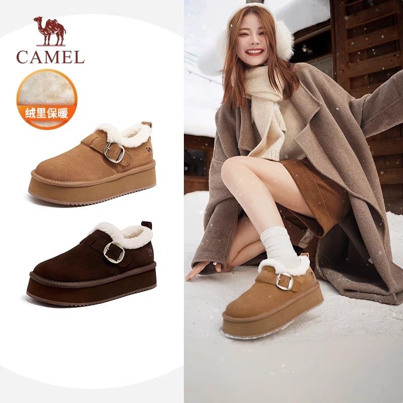骆驼女鞋2025冬季新款厚底加绒保暖雪地靴毛毛鞋休闲勃肯鞋棉鞋女